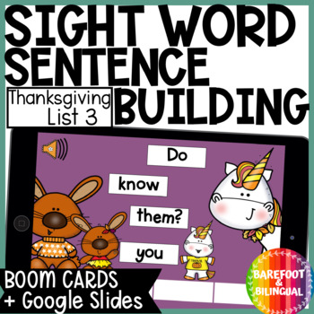 Preview of Thanksgiving Sight Words Sentence Building - List 3 -Boom Cards