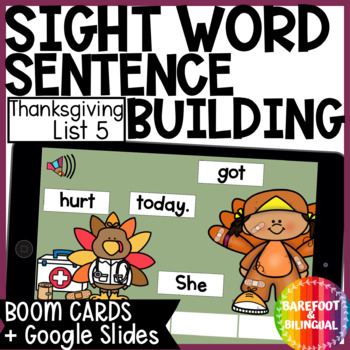 Preview of Thanksgiving Sight Words Sentence Building - List 5 - Thanksgiving Boom Cards