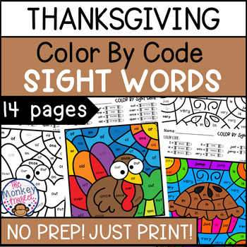 Preview of Thanksgiving Sight Words Worksheets Color by Code