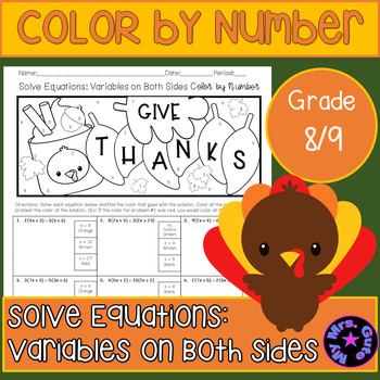 Preview of Thanksgiving Solve Equations Variables on Both Sides Color by Number Worksheet