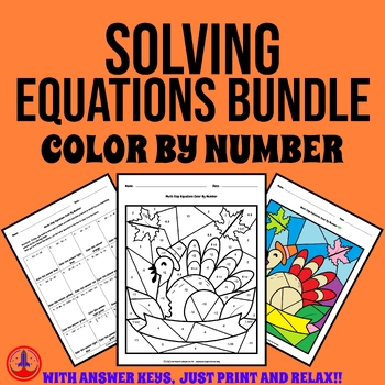 Preview of Thanksgiving Solving Equations Color by Number Bundle 6th 7th 8th Grades