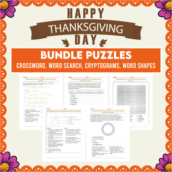 Preview of Thanksgiving Spanish Bundle Crossword, Word Seach, Word Shapes, Cryptograms