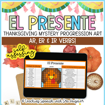 Preview of Thanksgiving Spanish Present Tense Self Assessing Mystery Picture