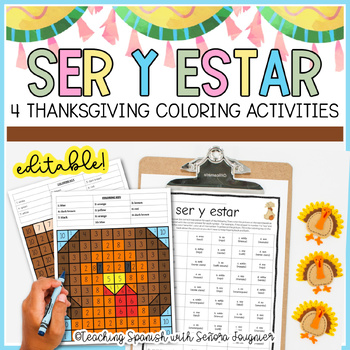 Preview of Editable Thanksgiving Spanish Ser and Estar Worksheets Coloring Activity