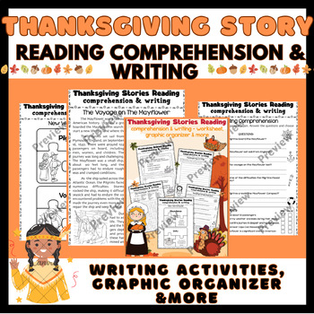 Preview of 90+ Thanksgiving Story Reading Comprehension, Writing prompts Activities