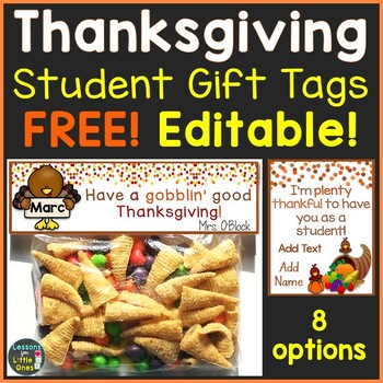 Preview of Thanksgiving Student Gift Tags & Treat Bag Toppers Free EDITABLE