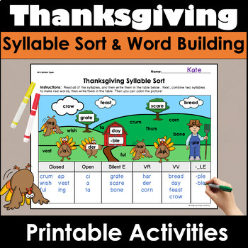 Preview of Thanksgiving Syllables Worksheets Sorting Word Building Activity