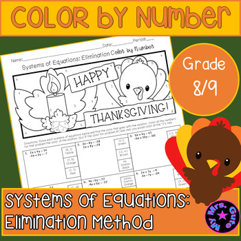 Preview of Thanksgiving Systems of Equations Elimination Color by Number Worksheet