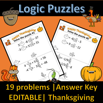 Preview of Thanksgiving Systems of Equations | Number Sense Logic Puzzles | Algebra 1