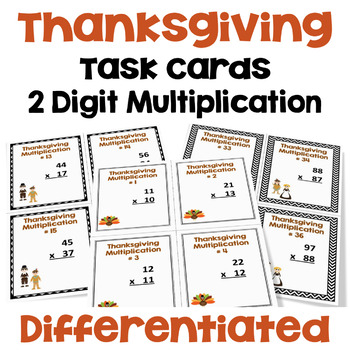 Preview of Thanksgiving Task Cards 2 Digit by 2 Digit Multiplication - Differentiated