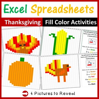 Preview of Thanksgiving Pixel Art Technology Activities - Fill Color in Microsoft Excel