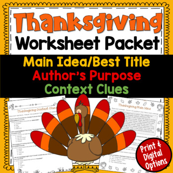 Preview of Thanksgiving Worksheet Bundle : Main Idea, Context Clues, Author's Purpose