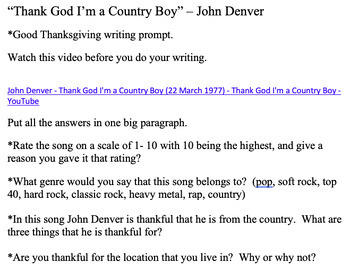 Preview of Rural/Urban "Thank God I'm a Country Boy" - John Denver song writing prompt
