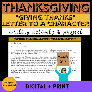 Preview of Thanksgiving Letter of Thanks Giving Thanks to a Character Writing Activity