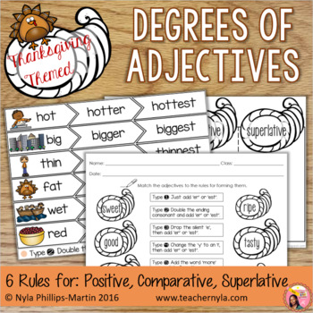 Preview of Thanksgiving Themed Degrees of Adjectives - Tables, Sorting Mat and Worksheets