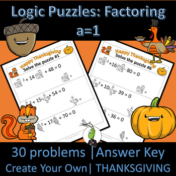 Preview of Thanksgiving Themed Factoring A=1 | Number Sense Logic Puzzles | Algebra 1