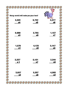 Thanksgiving Themed Multiplication Math Review Worksheets Grades 4-5