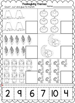 Thanksgiving Themed Numbers Cut and Paste Worksheets (1-20): | TpT