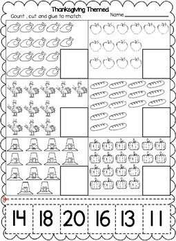 thanksgiving themed numbers cut and paste worksheets 1 20 tpt