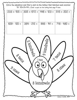 Thanksgiving Three-Digit Addition and Subtraction No Regrouping Activities