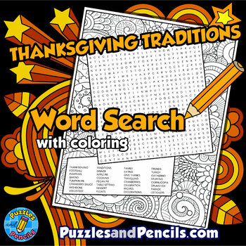 Preview of Thanksgiving Traditions Word Search Puzzle Activity Page with Coloring