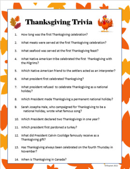 Thanksgiving Trivia by Kathleen Luptak | TPT