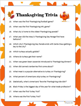 Thanksgiving Trivia by Kathleen Luptak | TPT