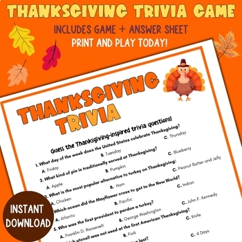 Thanksgiving Trivia Game, Printable Thanksgiving Trivia Quiz with Answers