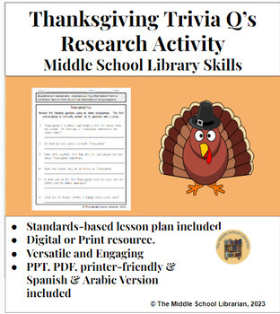 Preview of Thanksgiving Trivia Q’s Worksheet Middle School Library Research Skills