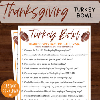 Thanksgiving Day Football Trivia Game NFL Turkey Bowl Trivia 