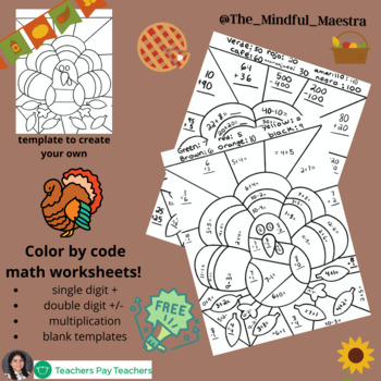 Preview of Thanksgiving Turkey Color by Code Math Worksheets K-4th (Spanish & English)
