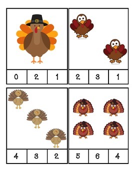 Preview of Thanksgiving Turkey Count and Clip Cards #1-24