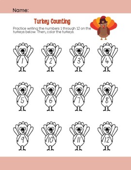 Preview of Thanksgiving Turkey Counting, Numbers 1-12, Tracing Numbers, Math, Number Sense