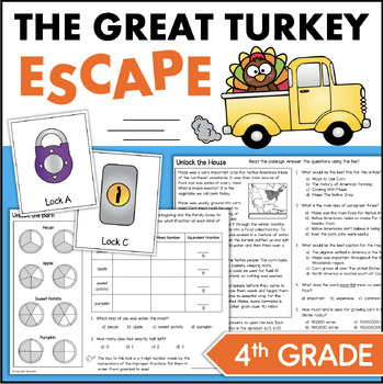 Preview of Fall Thanksgiving Turkey ESCAPE ROOM 4th Grade ELA & Math Fractions