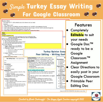 Preview of Thanksgiving Turkey Essay Writing Assignment for Google Classroom™ Peer Editing