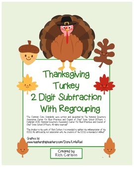 Preview of “Thanksgiving Turkey Math” 2 Digit Subtraction Regrouping! (color & black line)