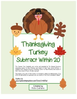 Preview of “Thanksgiving Turkey Math” Subtract Within 20 - FUN! (black line & color)