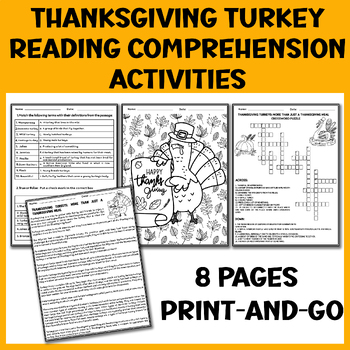 Preview of Thanksgiving Turkey Middle School Sub Plans Reading Comprehension Activities 6th