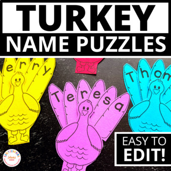 Preview of Thanksgiving Turkey Name Puzzle Craft Activity Preschool Editable Name Printable