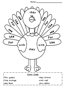 Preview of Thanksgiving Turkey Sight Word Coloring Page