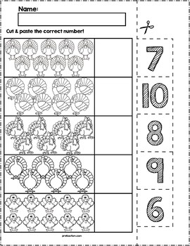 Thanksgiving Turkeys Cut & Match Worksheets | Numbers 6-10 by preKautism