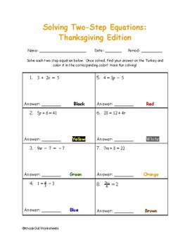 Preview of Thanksgiving Two Step Equations Color by Numbers