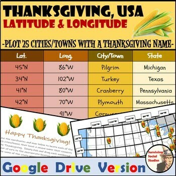 Preview of Thanksgiving, USA - Latitude and Longitude Digital Geography Activity