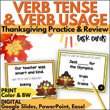 Preview of Thanksgiving Verb Types & Usage Task Cards - November Grammar Practice & Review