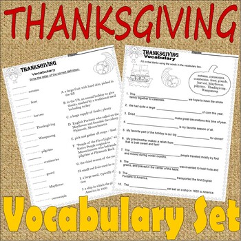 Preview of Thanksgiving Vocabulary Activities NO PREP Fun Worksheets Definitions Sentences