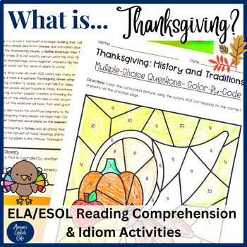 Preview of Thanksgiving Vocabulary, Reading Comprehension, & Idiom Activities/Color by Code