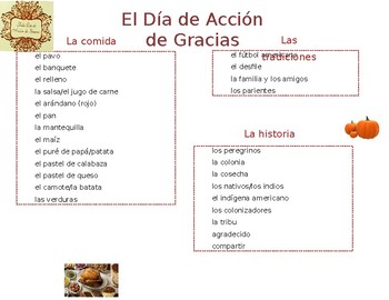Preview of Thanksgiving Vocabulary Sheet (Spanish)
