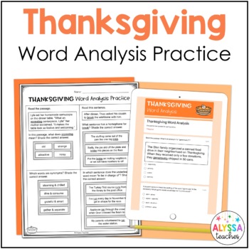 Preview of Thanksgiving Word Analysis Worksheets (SOL 4.4) Print and Digital