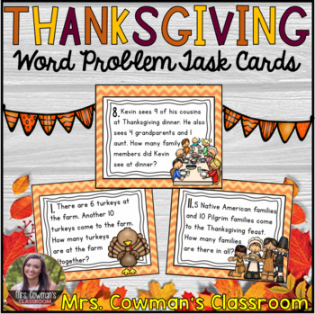 Preview of Thanksgiving Word Problem Task Cards: Sums to 20