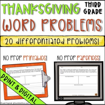 Preview of Thanksgiving Word Problems Third Grade Printables & Google Slides™